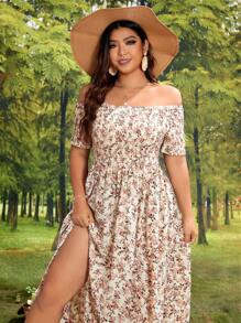 SHEIN VCAY Plus Ditsy Floral Print Off Shoulder Split Thigh Dress - Multicolor - View 5