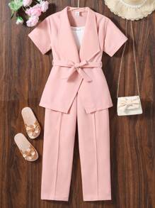 SHEIN Girls Solid Cami Top & Trousers & Belted Blazer - Pink - View 1