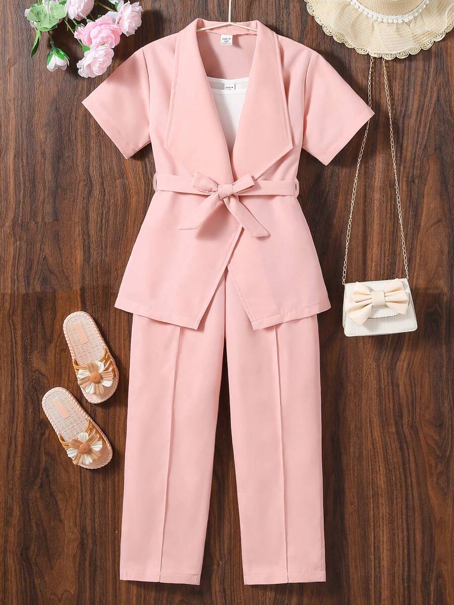 SHEIN Girls Solid Cami Top & Trousers & Belted Blazer - Pink - View 1