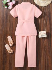 SHEIN Girls Solid Cami Top & Trousers & Belted Blazer - Pink - View 2