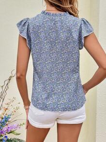 SHEIN VCAY Ditsy Floral Print Notched Neckline Butterfly Sleeve Blouse - Blue - View 2