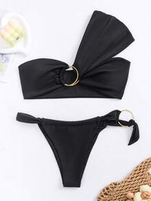 Bañador bikini vinculado con aro de un hombro - Negro - Ver 7