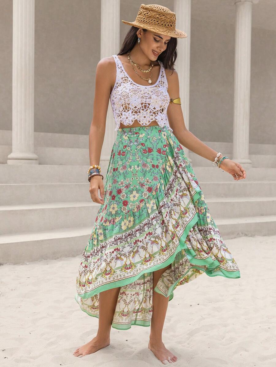 Rusttydustty Váy đi biển bất đối xứng in hoa ngẫu nhiên màu đen cho nữ phong cách Bohemian Lễ hội âm nhạc - Nhiều màu - Xem 1
