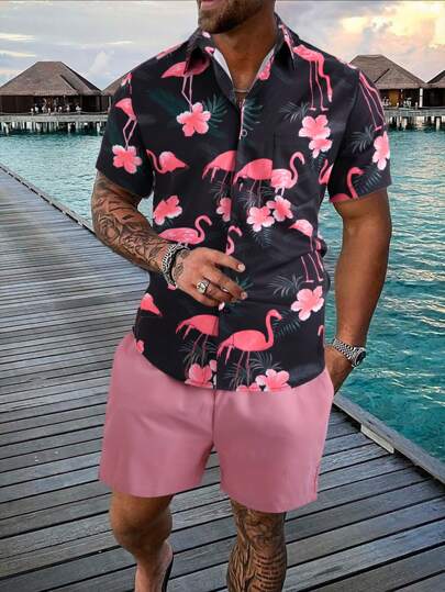 Chemise à imprimé flamant rose et short à cordon de serrage sans t-shirt, graphique, vacances, mari, coloré, bohème, tenues confortables