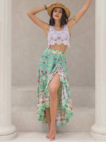 Rusttydustty Váy đi biển bất đối xứng in hoa ngẫu nhiên màu đen cho nữ phong cách Bohemian Lễ hội âm nhạc - Nhiều màu - Xem 5