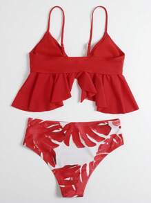 SHEIN Swim 热带荷叶边下摆结饰前比基尼夏日海滩 - 紅色 - 查看 2
