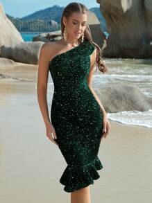 ADYCE 單肩荷葉邊亮片緊身連衣裙 - 綠色 - 查看 1