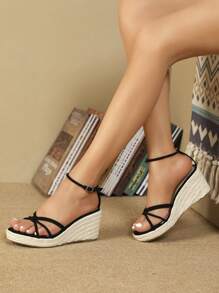 女士結飾編織踝帶度假仿麂皮坡跟涼鞋 - 黑色 - 查看 1