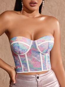 Colourful Floral Print Bustier Lace Up Back Crop Tube Corset Top - Multicolor - View 1