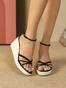 女士結飾編織踝帶度假仿麂皮坡跟涼鞋 - 黑色 - 查看 2