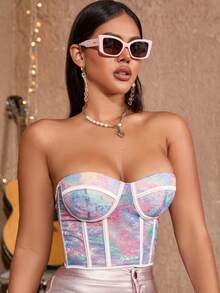 Colourful Floral Print Bustier Lace Up Back Crop Tube Corset Top - Multicolor - View 3