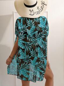 SHEIN Swim Conjunto de bikini de 3 piezas con estampado tropical, sujetador con relleno y kimono, para playa de verano