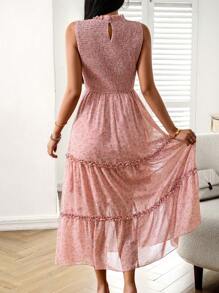 SHEIN Privé Ditsy Floral Print Frill Trim Shirred Detail Ruffle Hem Dress - Dusty Pink - View 2