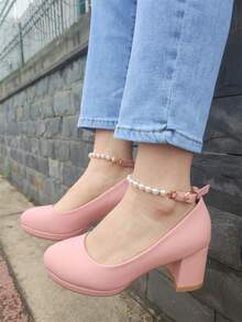 時尚粉色高跟鞋人造珍珠裝飾粗跟踝帶高跟單鞋 - 粉色 - 查看 3