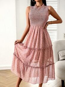 SHEIN Privé Ditsy Floral Print Frill Trim Shirred Detail Ruffle Hem Dress - Dusty Pink - View 6