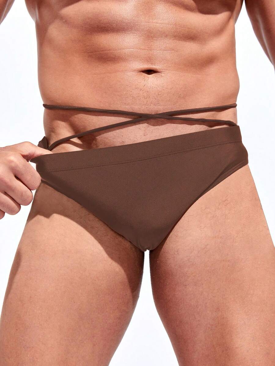 Manfinity Quần short bơi nam Hội Chữ thập màu trơn - Màu nâu  Mocha - Xem 1
