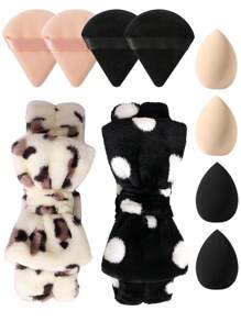 4pcs Makeup Puff & 4pcs Makeup Sponge & 2pcs Leopard Print Facial Cleansing Hair Band - Multicolor - View 1
