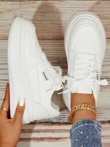 Giày thể thao hình nêm trang trí chữ cái cho nữ, Giày thể thao buộc dây phía trước - trắng - Xem 1