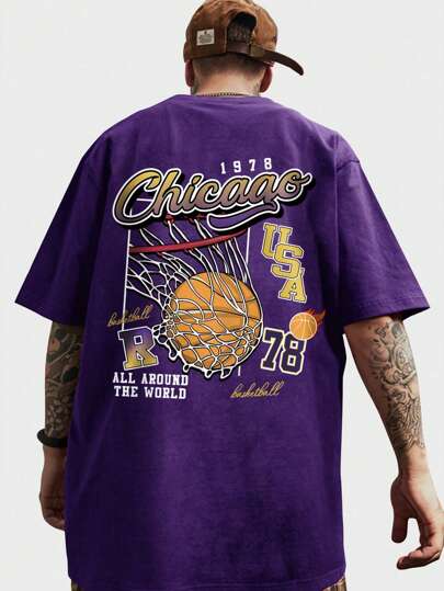 Street Life Men Basketball & Letter Graphic Tee, School