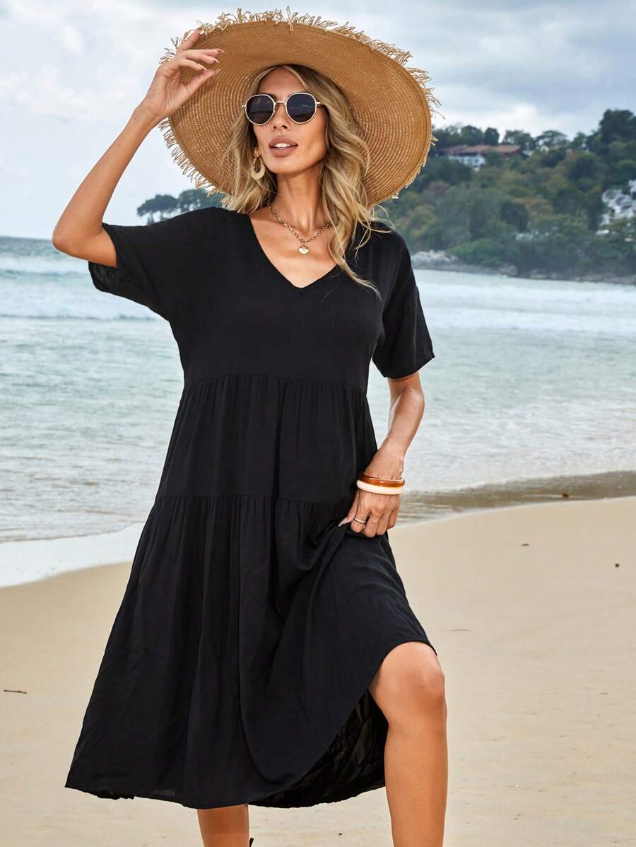 EURMUSE Solid V Neck Ruffle Hem Smock Dress - Black - View 1