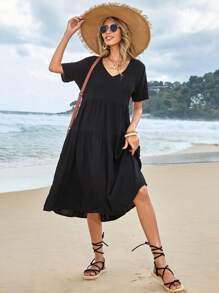EURMUSE Solid V Neck Ruffle Hem Smock Dress - Black - View 3
