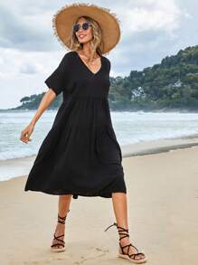 EURMUSE Solid V Neck Ruffle Hem Smock Dress - Black - View 5