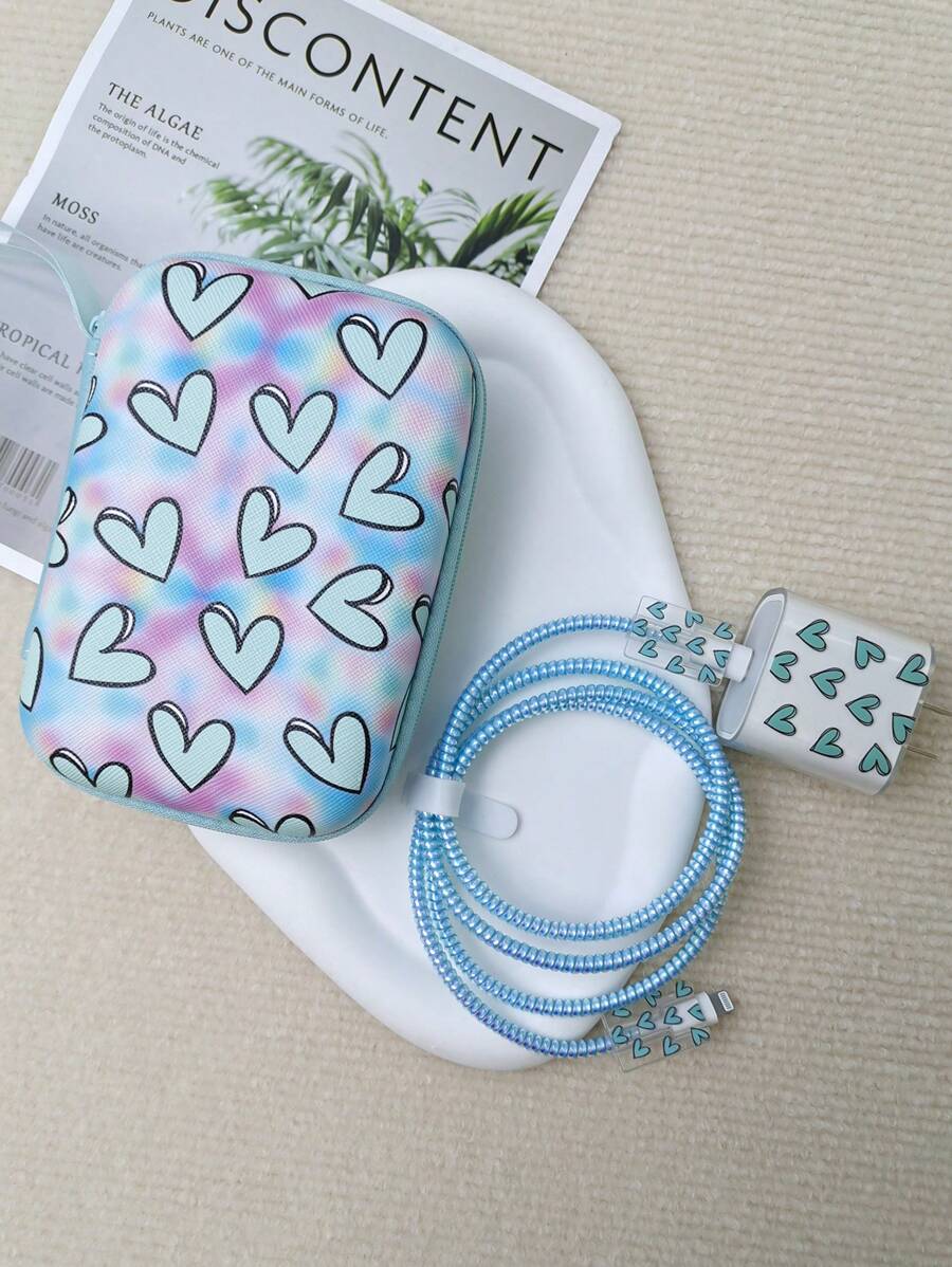 6pcs Heart Pattern EVA Data Cable Storage Bag & Data Cable Protector Set
