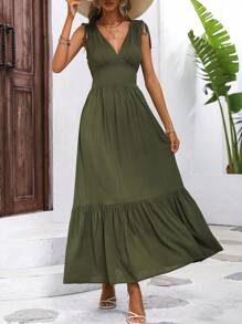 SHEIN LUNE Đầm Dây kéo Thắt nút Viên lá sen màu trơn Giải trí - xanh quân đội - Xem 2