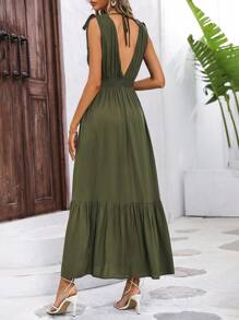 SHEIN LUNE Đầm Dây kéo Thắt nút Viên lá sen màu trơn Giải trí - xanh quân đội - Xem 4