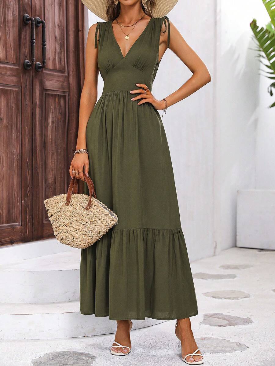 SHEIN LUNE Đầm Dây kéo Thắt nút Viên lá sen màu trơn Giải trí - xanh quân đội - Xem 1