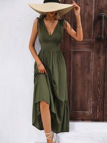 SHEIN LUNE Đầm Dây kéo Thắt nút Viên lá sen màu trơn Giải trí - xanh quân đội - Xem 5