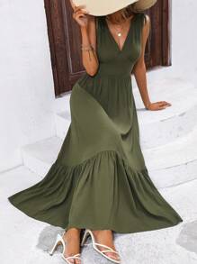 SHEIN LUNE Đầm Dây kéo Thắt nút Viên lá sen màu trơn Giải trí - xanh quân đội - Xem 7