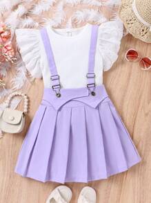 SHEIN Bộ hai mảnh Gái Xếp li Xù Khối Màu Dễ thương - Màu tím - Xem 1