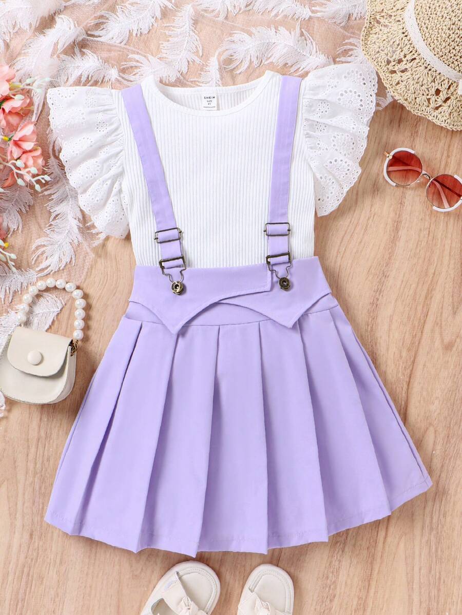 SHEIN Bộ hai mảnh Gái Xếp li Xù Khối Màu Dễ thương - Màu tím - Xem 1