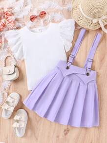 SHEIN Bộ hai mảnh Gái Xếp li Xù Khối Màu Dễ thương - Màu tím - Xem 3