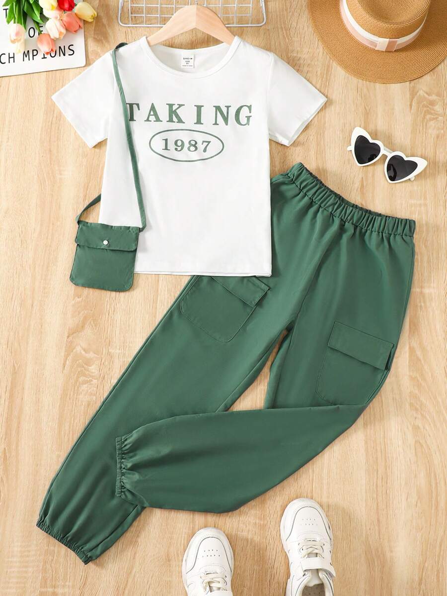 SHEIN 女孩字母圖案T恤&翻蓋口袋長褲 - 彩色 - 查看 1