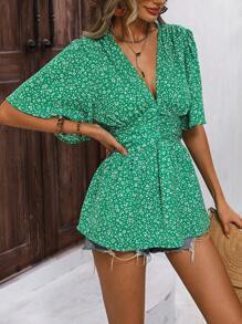 SHEIN VCAY Áo sơ mi nữ Xù Viên lá sen Họa tiết hoa Boho - màu xanh lá - Xem 6