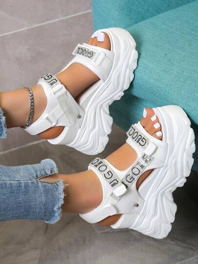 Kvinnor med kardborrefästen Rhinestone Decor Sports Sandaler, Sportiga Outdoor Sports Sandaler