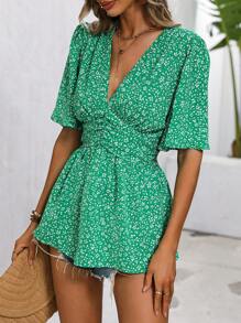 SHEIN VCAY Áo sơ mi nữ Xù Viên lá sen Họa tiết hoa Boho - màu xanh lá - Xem 2