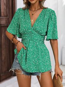 SHEIN VCAY Áo sơ mi nữ Xù Viên lá sen Họa tiết hoa Boho - màu xanh lá - Xem 1