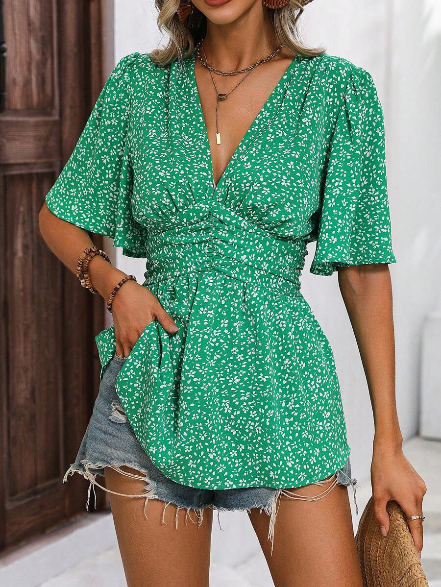 SHEIN VCAY Áo sơ mi nữ Xù Viên lá sen Họa tiết hoa Boho - màu xanh lá - Xem 1