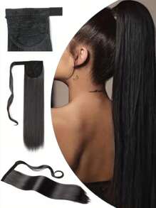 European And American Popular Long Straight Hair Extension With Hook And Loop For Women's Ponytail Hairstyle - Black - View 4
