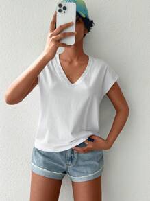 EURMUSE Solid V Neck Batwing Sleeve Tee - White - View 1