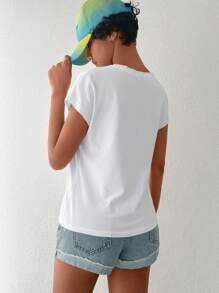 EURMUSE Solid V Neck Batwing Sleeve Tee - White - View 2