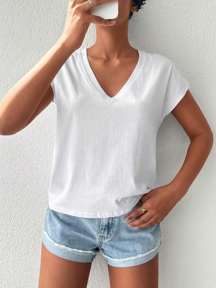 EURMUSE Camiseta unicolor de cuello V de manga murciélago - Blanco - Añade 3