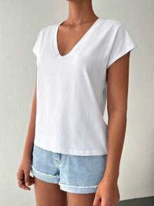 EURMUSE Solid V Neck Batwing Sleeve Tee - White - View 4