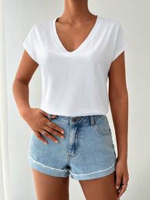 EURMUSE Solid V Neck Batwing Sleeve Tee - White - View 5