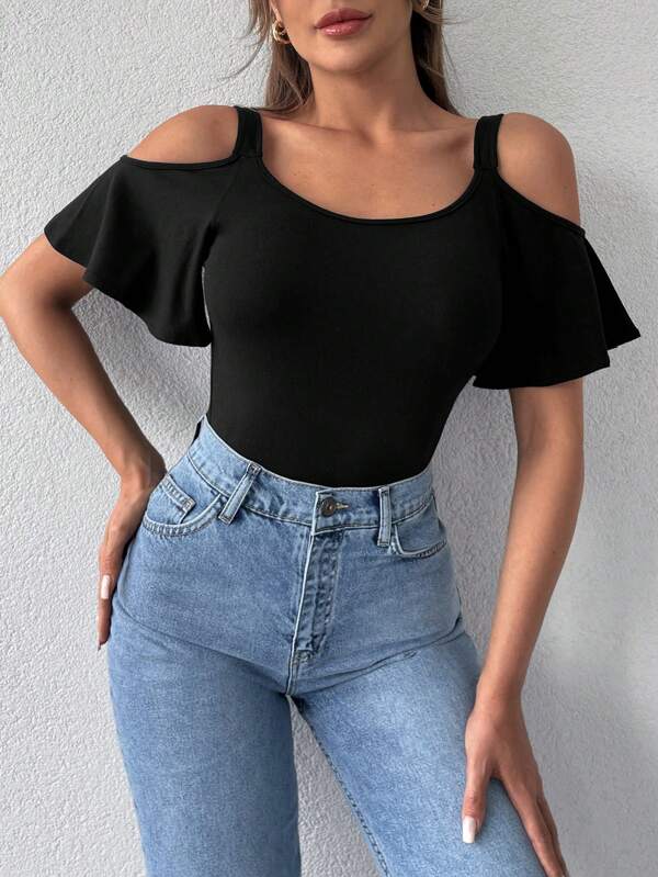 Tricou solid cu umăr rece
