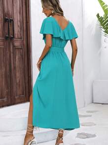 SHEIN LUNE Đầm Thắt lưng Trọn gói Tách cao màu trơn Giải trí - Màu xanh Cadet - Xem 3