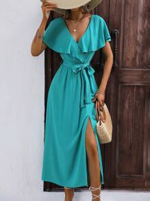 SHEIN LUNE Đầm Thắt lưng Trọn gói Tách cao màu trơn Giải trí - Màu xanh Cadet - Xem 4